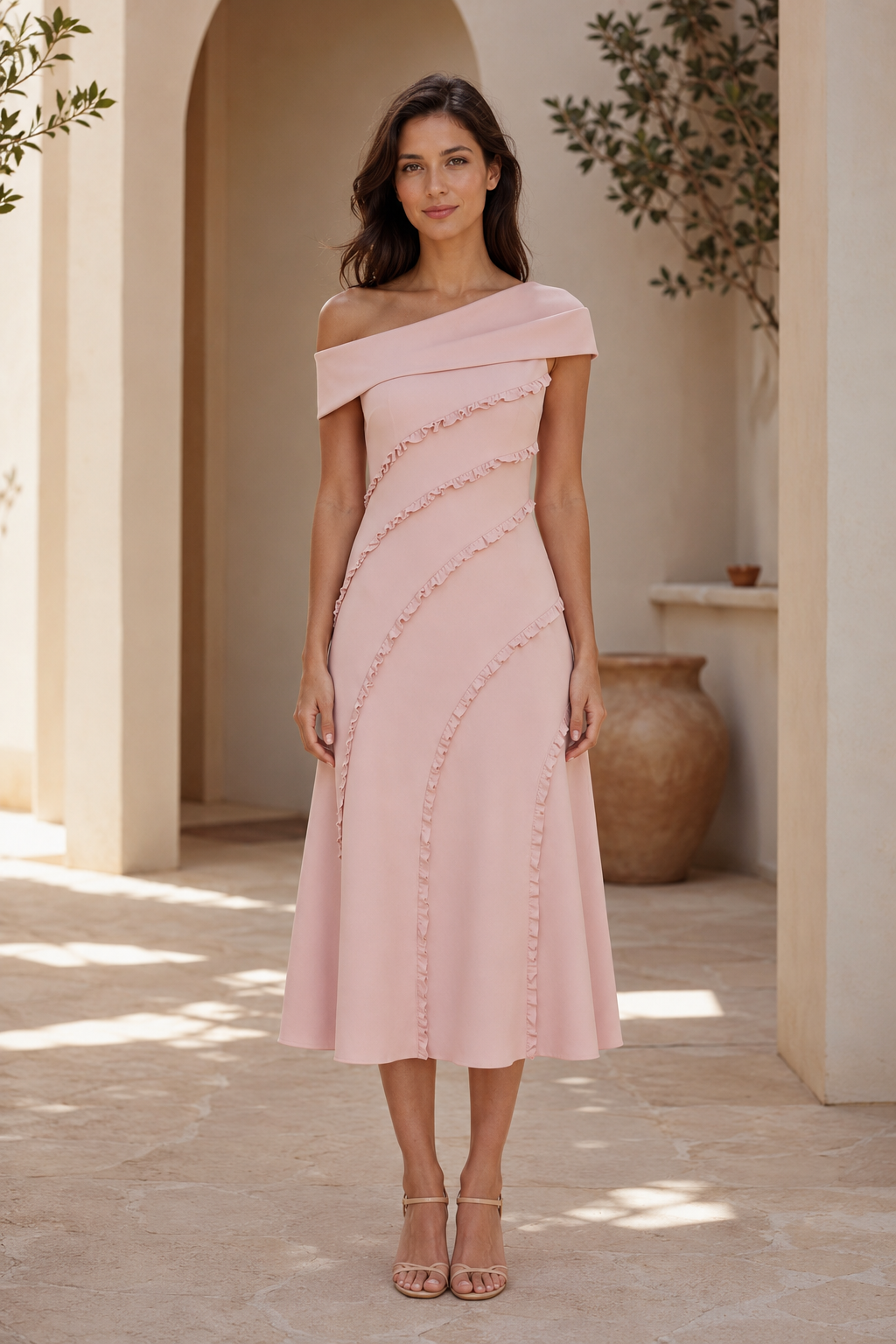 Vestido Midi con Hombros Descubiertos y Volante en Espiral