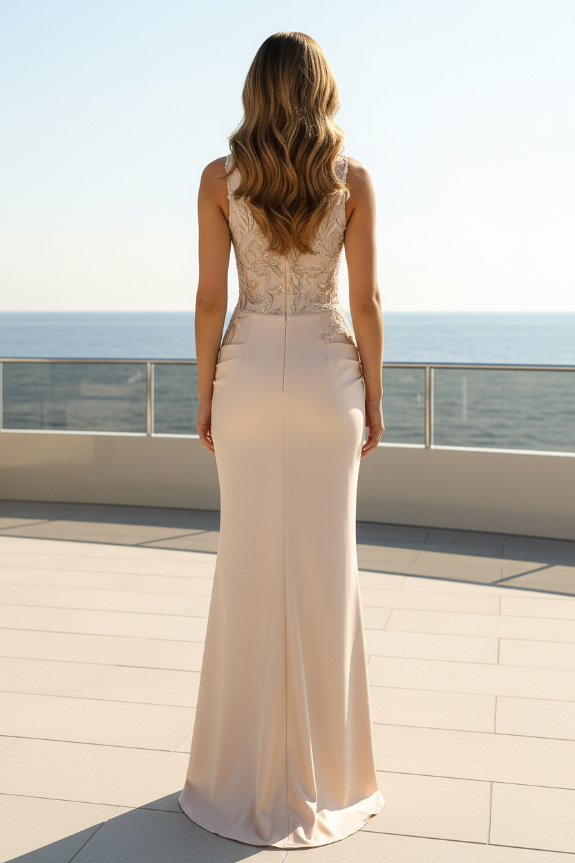 Vestido de raso ajustado con cuerpo de encaje bordado