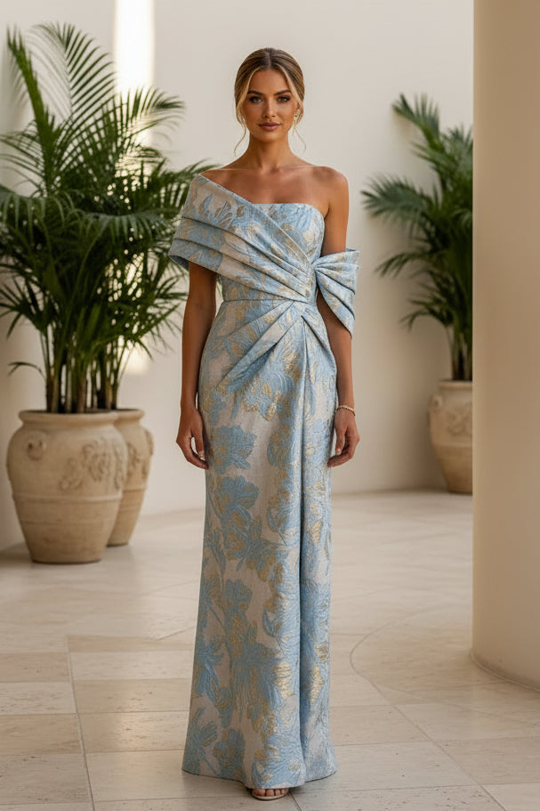 Vestido de noche formal jacquard drapeado con hombros descubiertos
