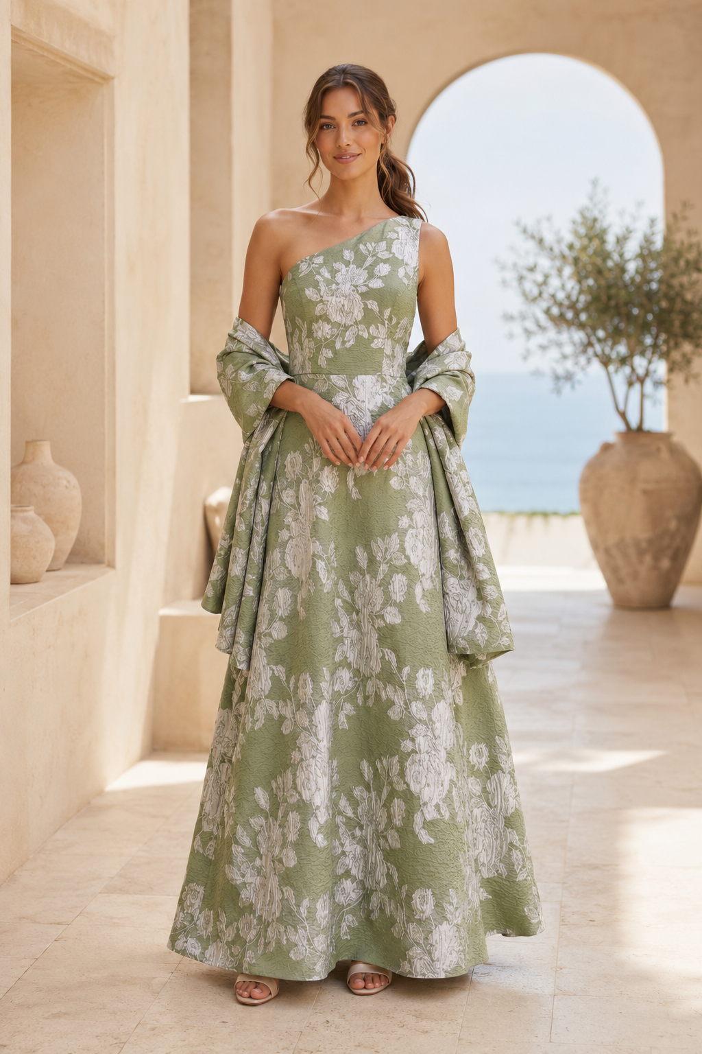 Vestido de jacquard floral con silueta A y un solo hombro con chal a juego
