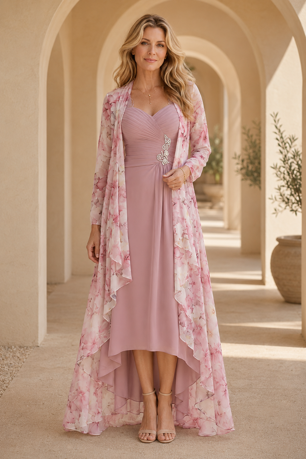 Vestido asimétrico con chaqueta guardapolvo floral