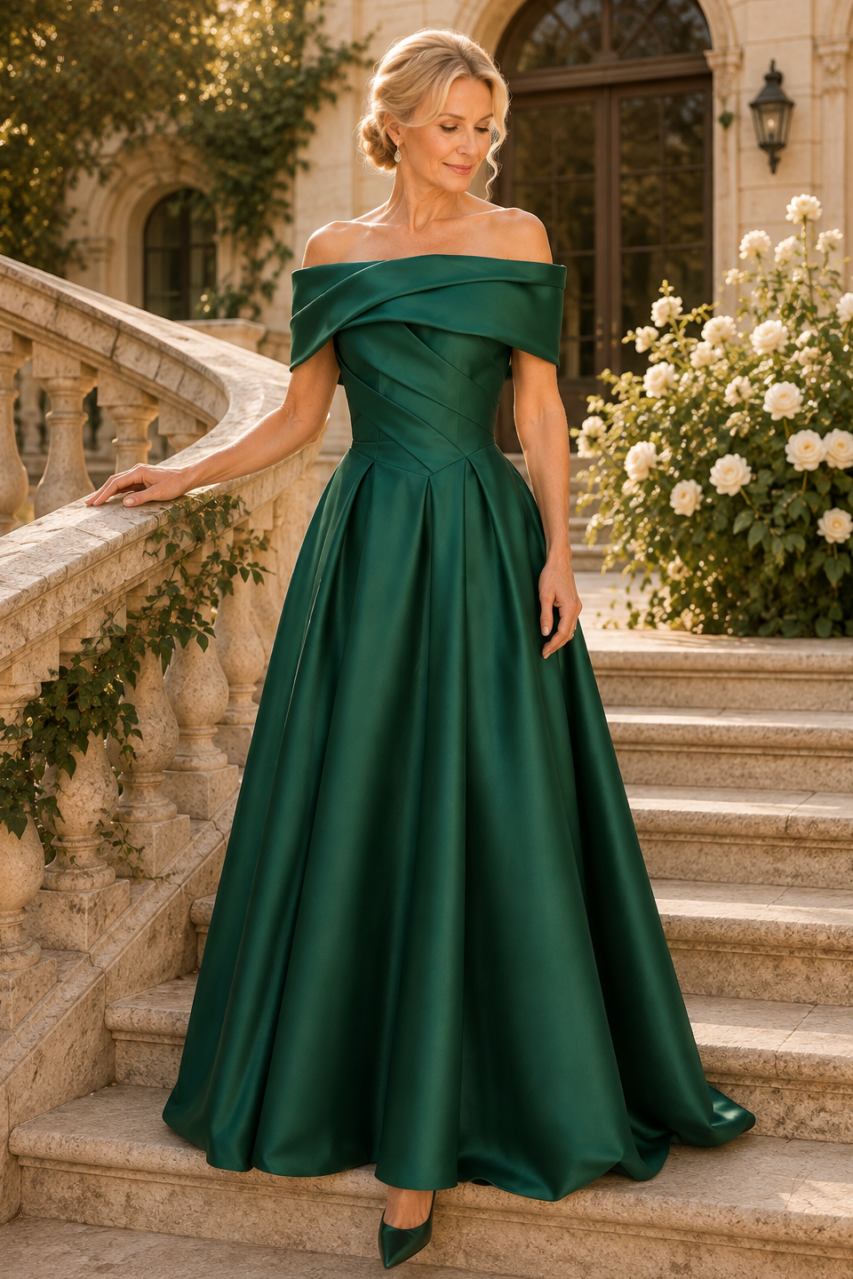 Vestido de Noche Acampanado de Satén Plisado con Hombros Descubiertos