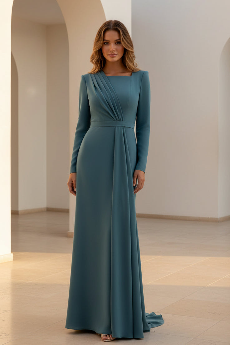 Vestido de Noche con Pliegues y Manga Larga con Escote Cuadrado