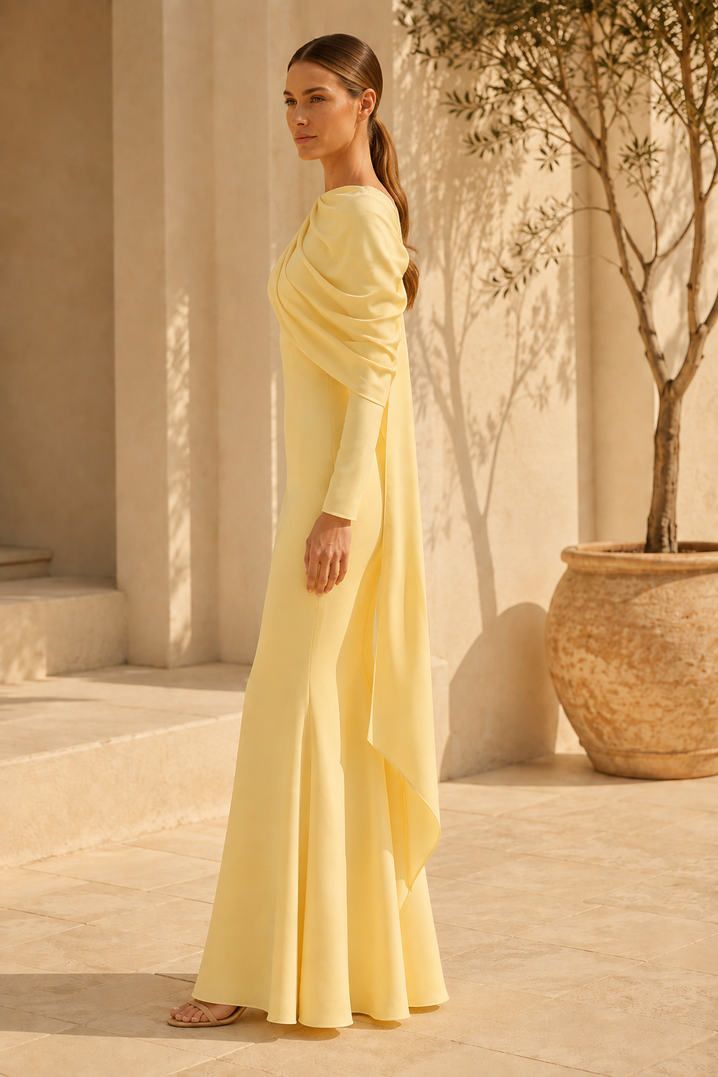 Vestido de Noche Sirena con Capa Drapeada en las Mangas