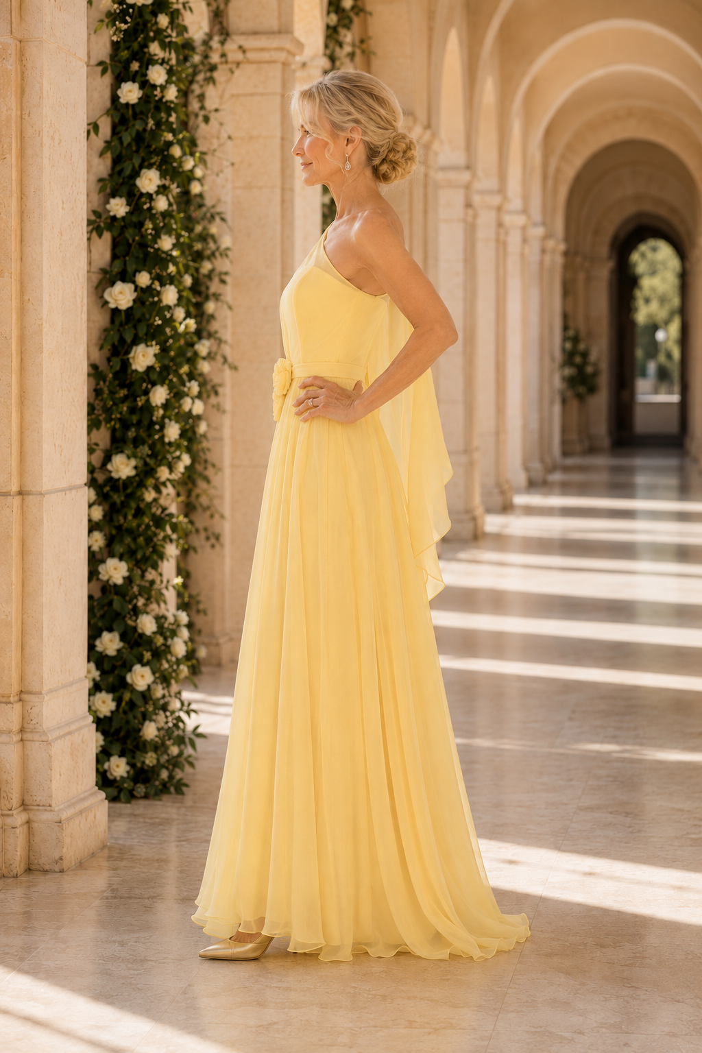Vestido de Gasa de Corte A con Capa de Un Solo Hombro y Detalle Floral