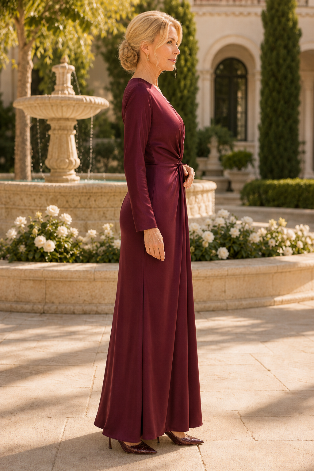 Vestido largo de satén con cuello de pico, manga larga y parte delantera cruzada