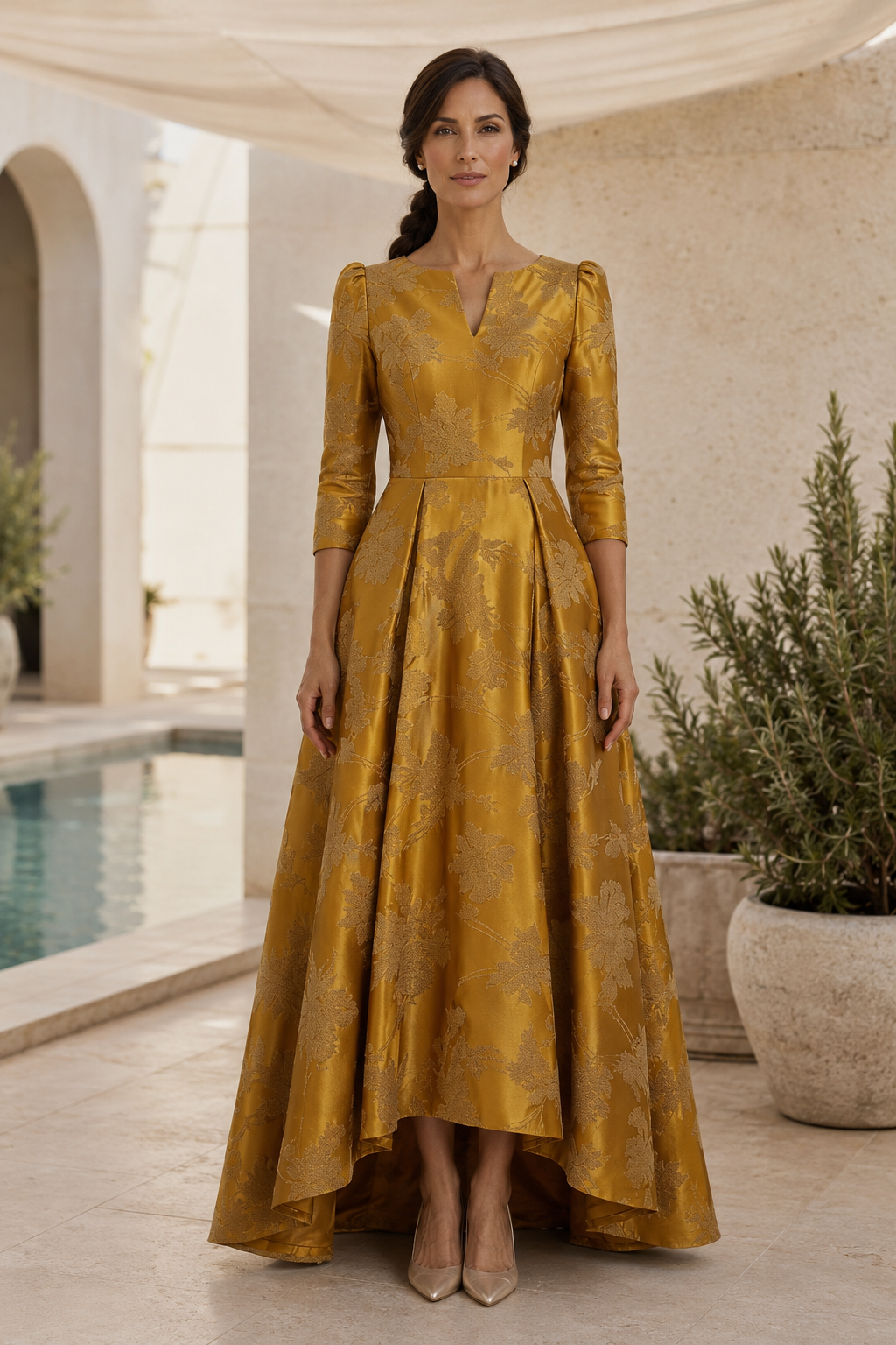 Vestido acampanado Jacquard de corte asimétrico con mangas tres cuartos