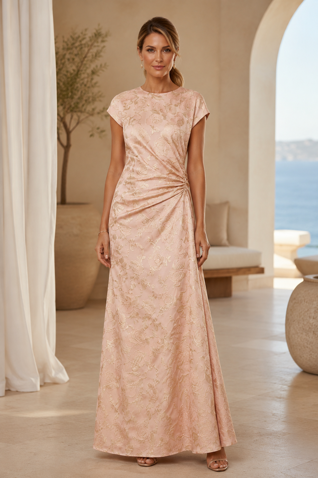 Vestido de noche de jacquard con fruncido lateral y corte en A