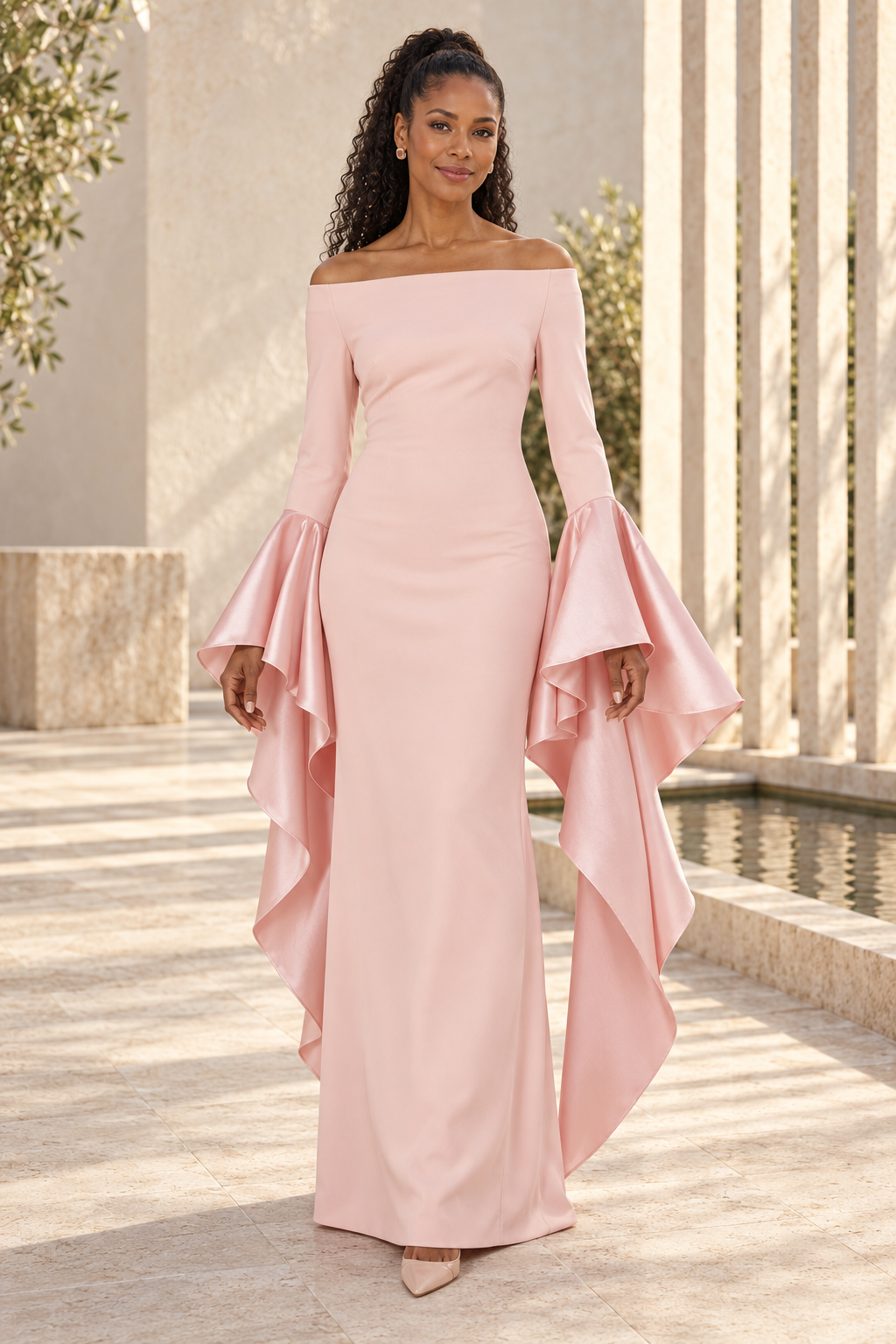 Off-the-Shoulder Column Gown with Flared Cuffs