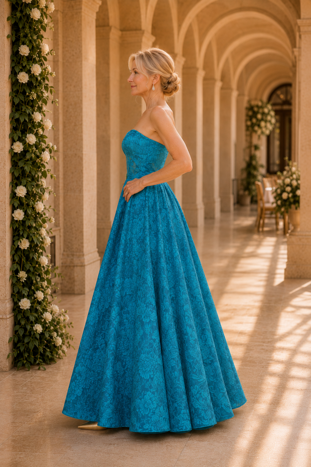 Vestido de gala floral de jacquard sin tirantes