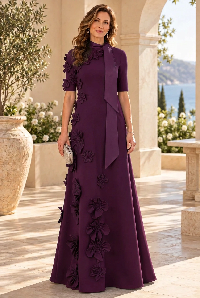 3D Floral High Neck A-Line Gown with Neck Tie