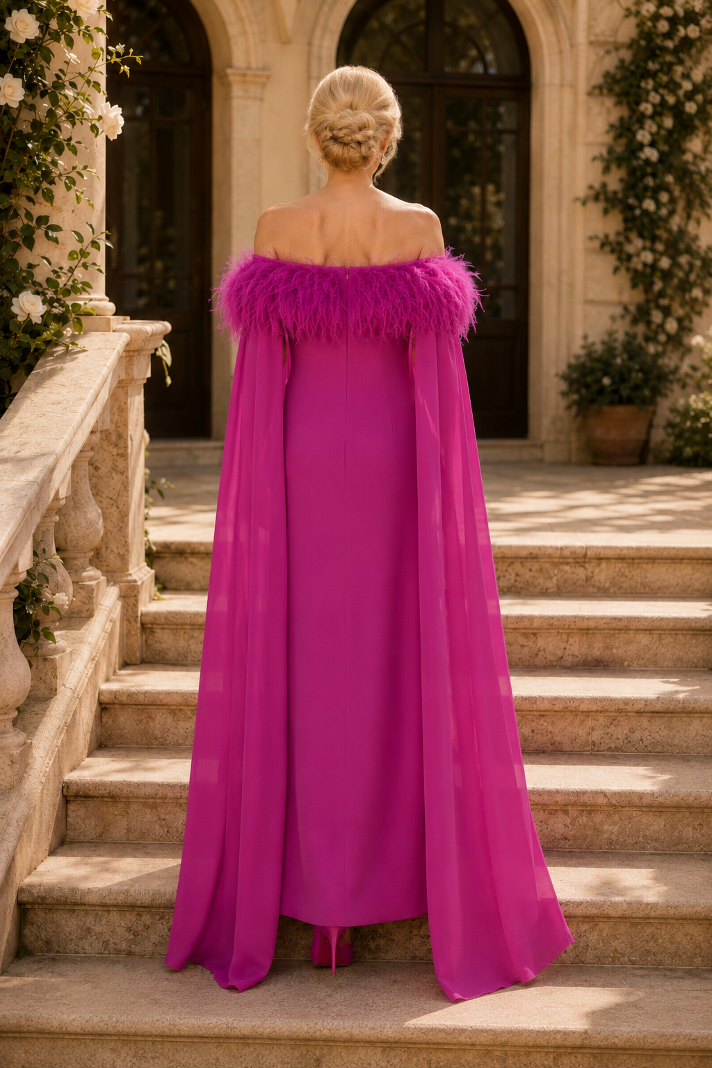 Vestido columna de plumas con hombros descubiertos y capa