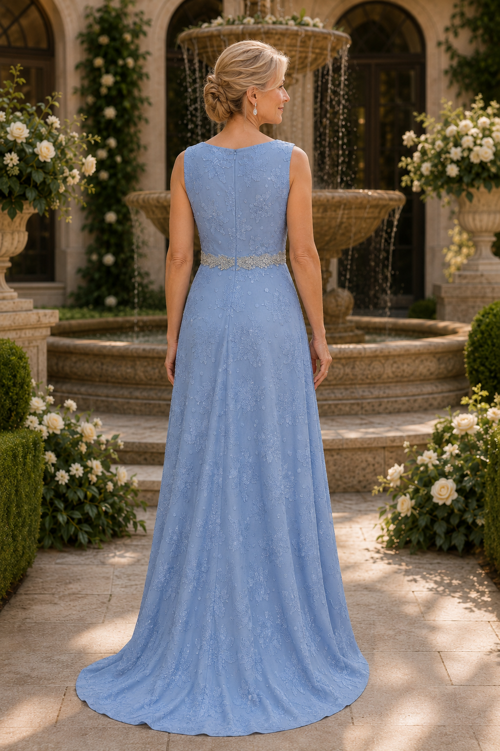 Vestido acampanado con dobladillo asimétrico de encaje floral y cintura de cuentas