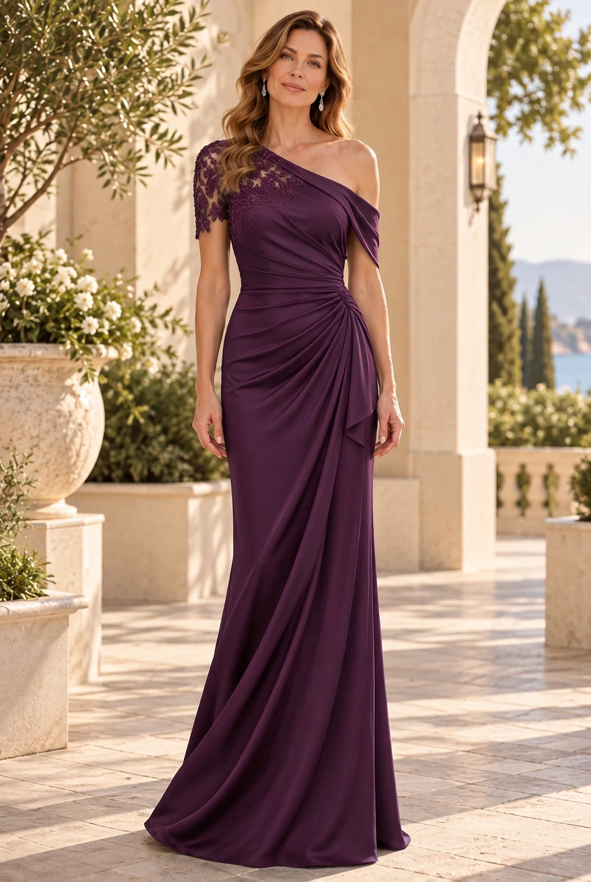 One-Shoulder Lace Applique Ruched Evening Gown