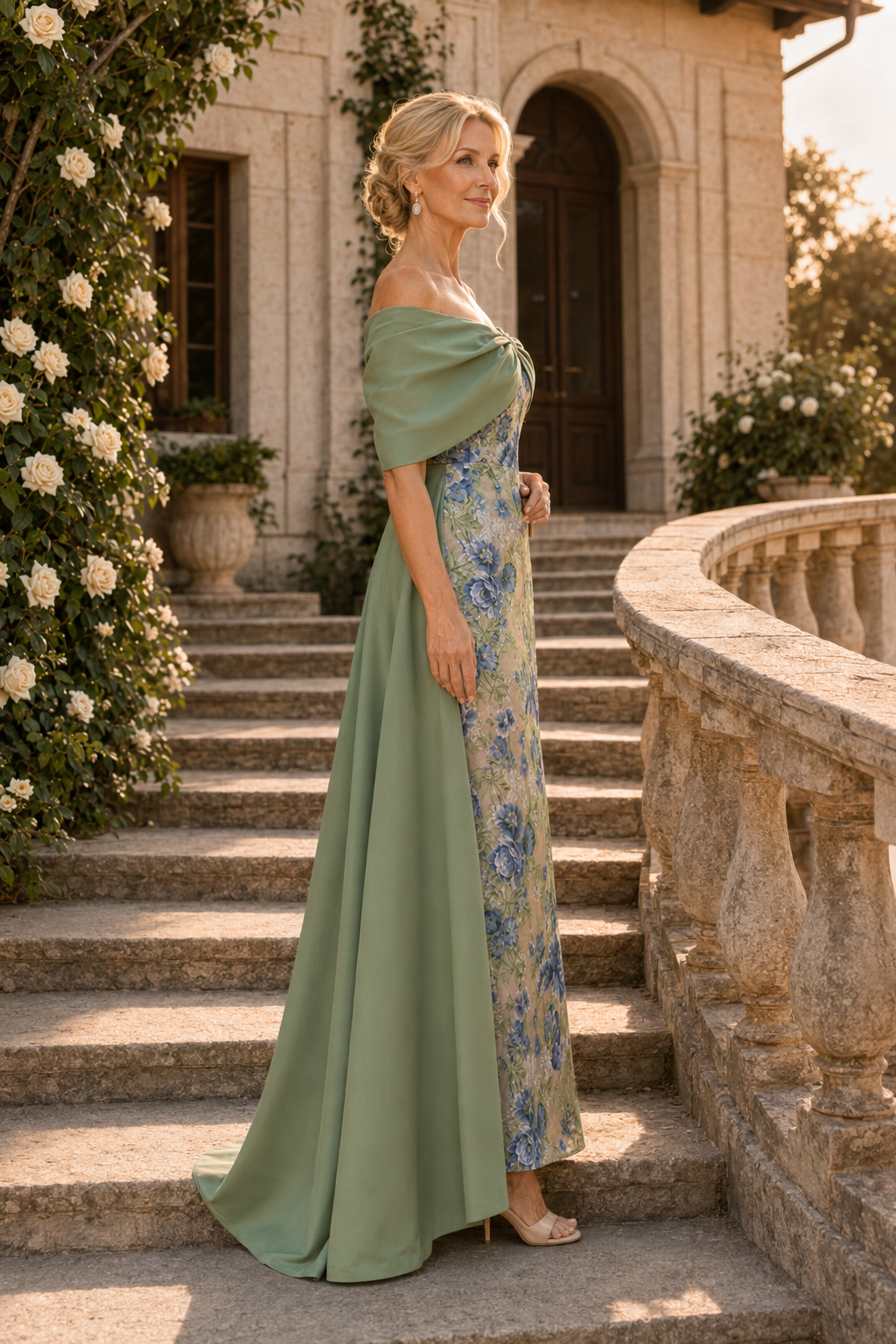 Traje de noche con columna floral y cuello de capa drapeado