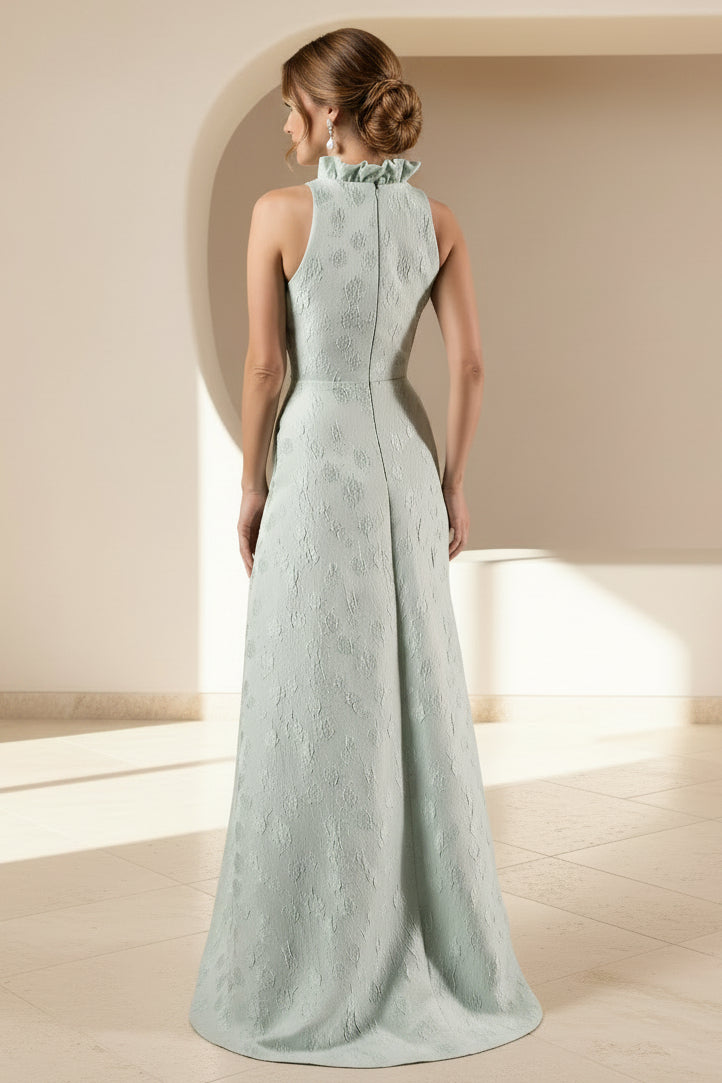 Vestido largo acampanado sin mangas de jacquard con cuello con volantes