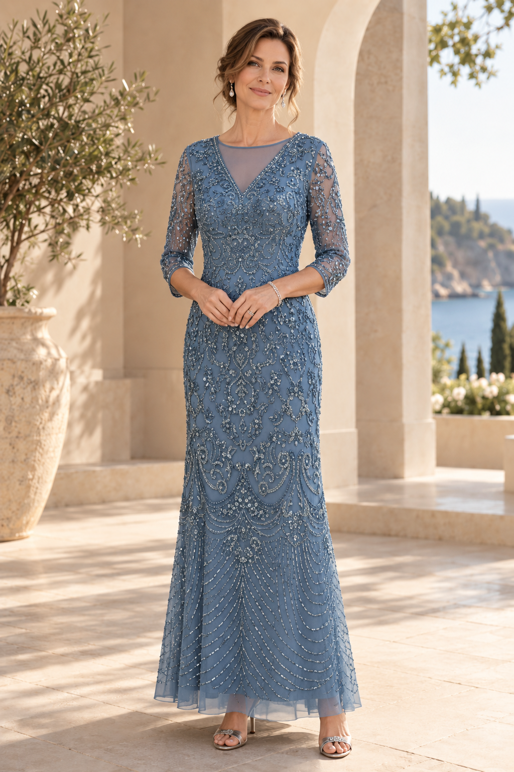 Beaded Sheath Gown with Illusion Neckline