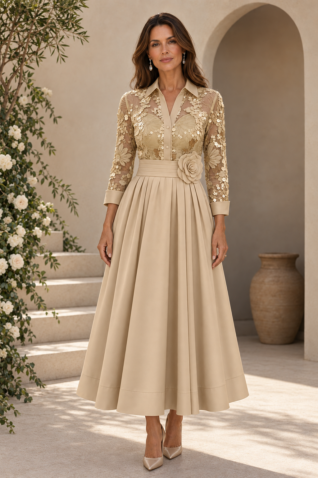 Vestido midi plisado con cuerpo de encaje y cuello