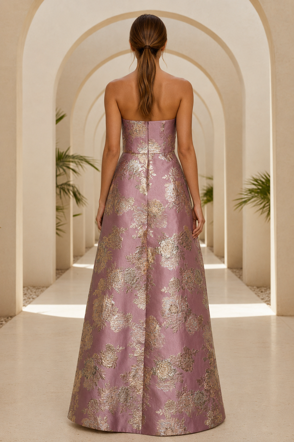 Vestido de noche acampanado sin tirantes de jacquard floral