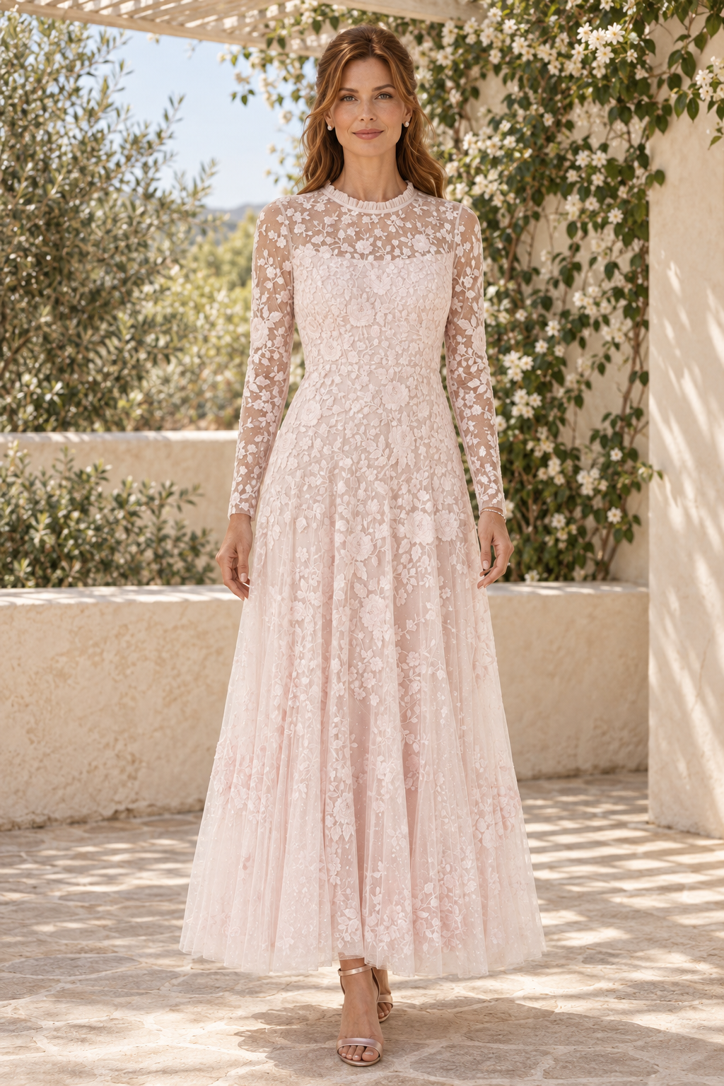 Embroidered Floral Lace Long Sleeve Ankle Dress