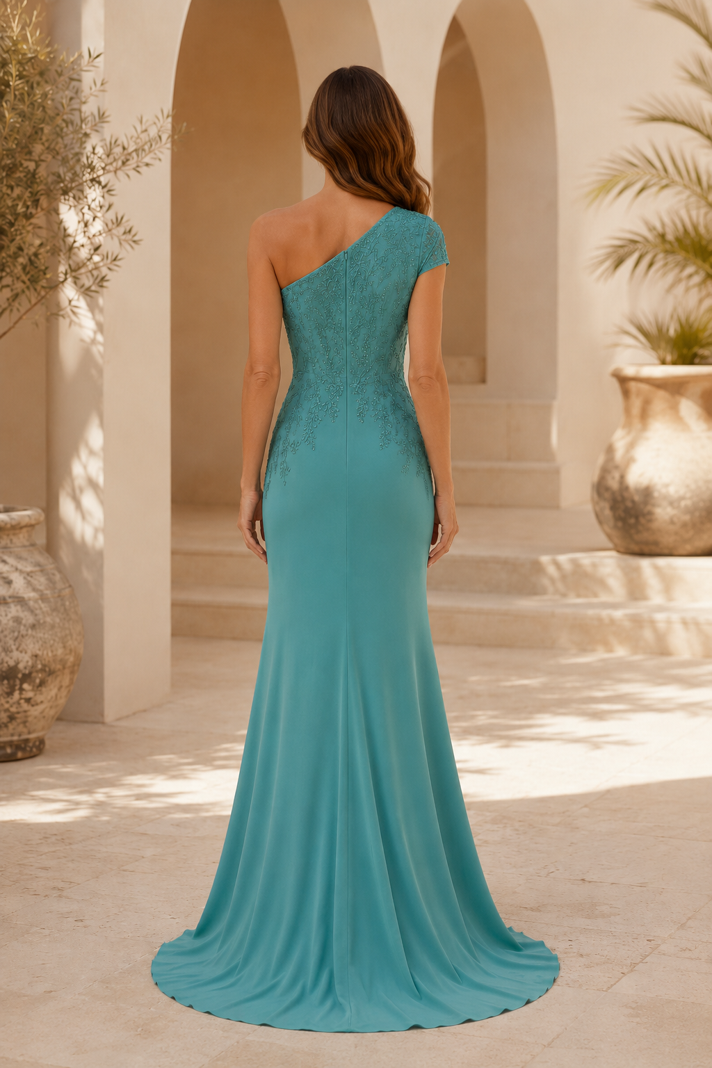 Vestido de Noche Trompeta con Encaje y Un Solo Hombro
