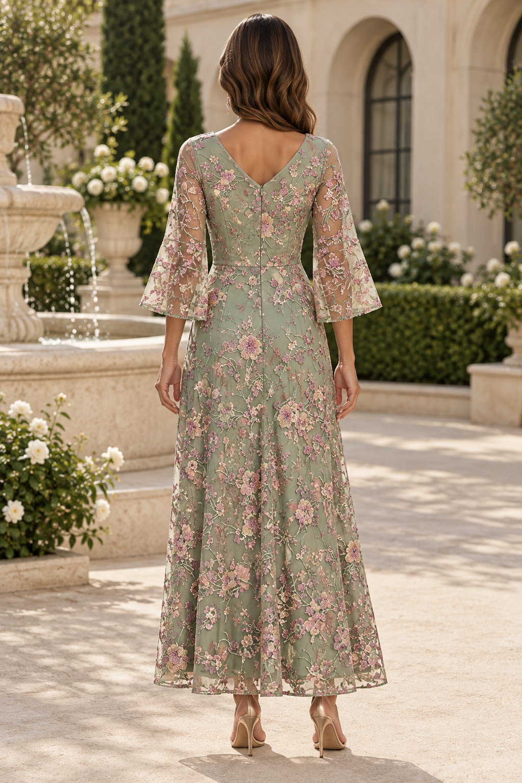 Vestido Evasé Floral Bordado con Mangas Acampanadas
