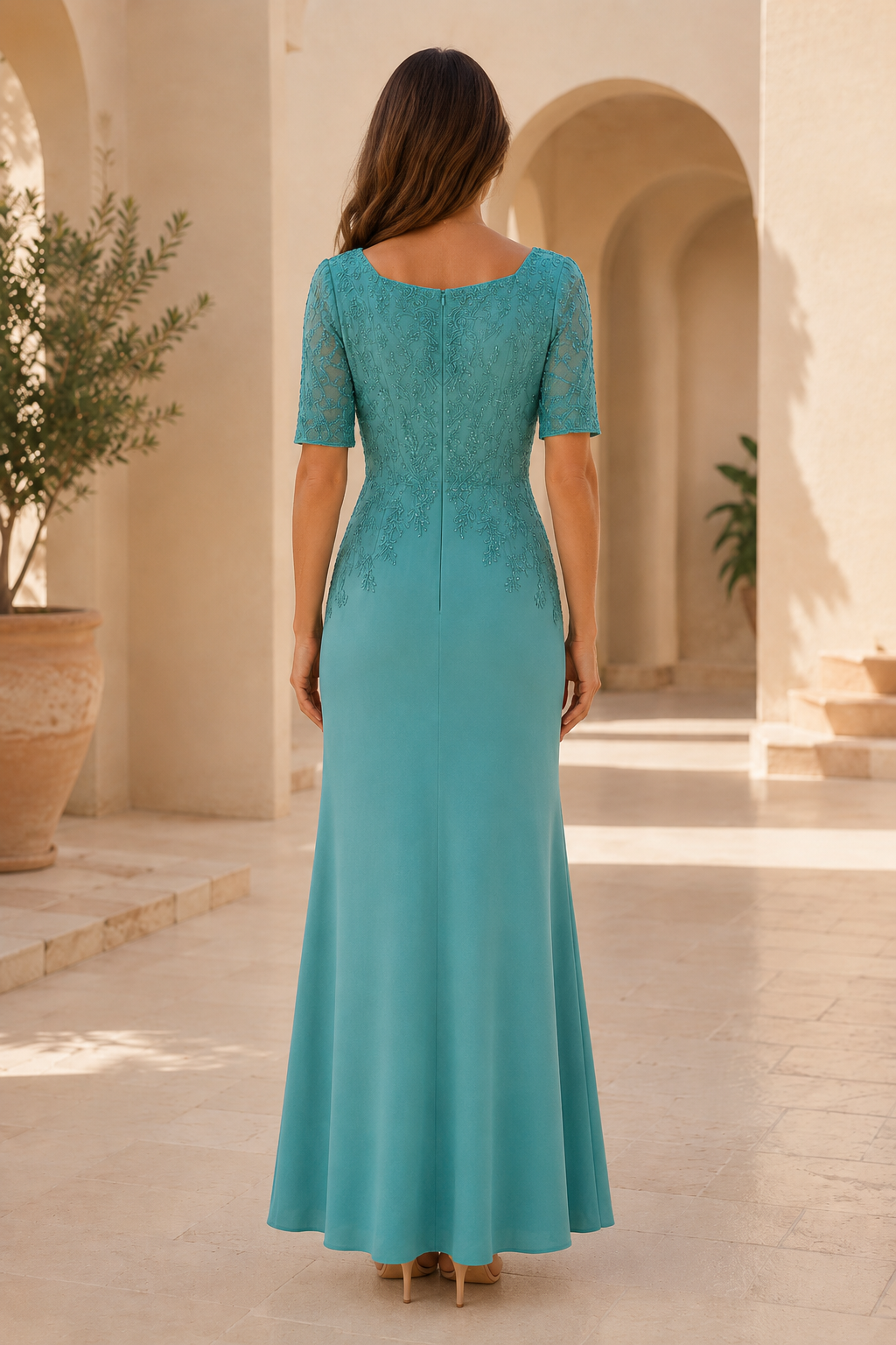 Vestido de noche con encaje y cuello cuadrado
