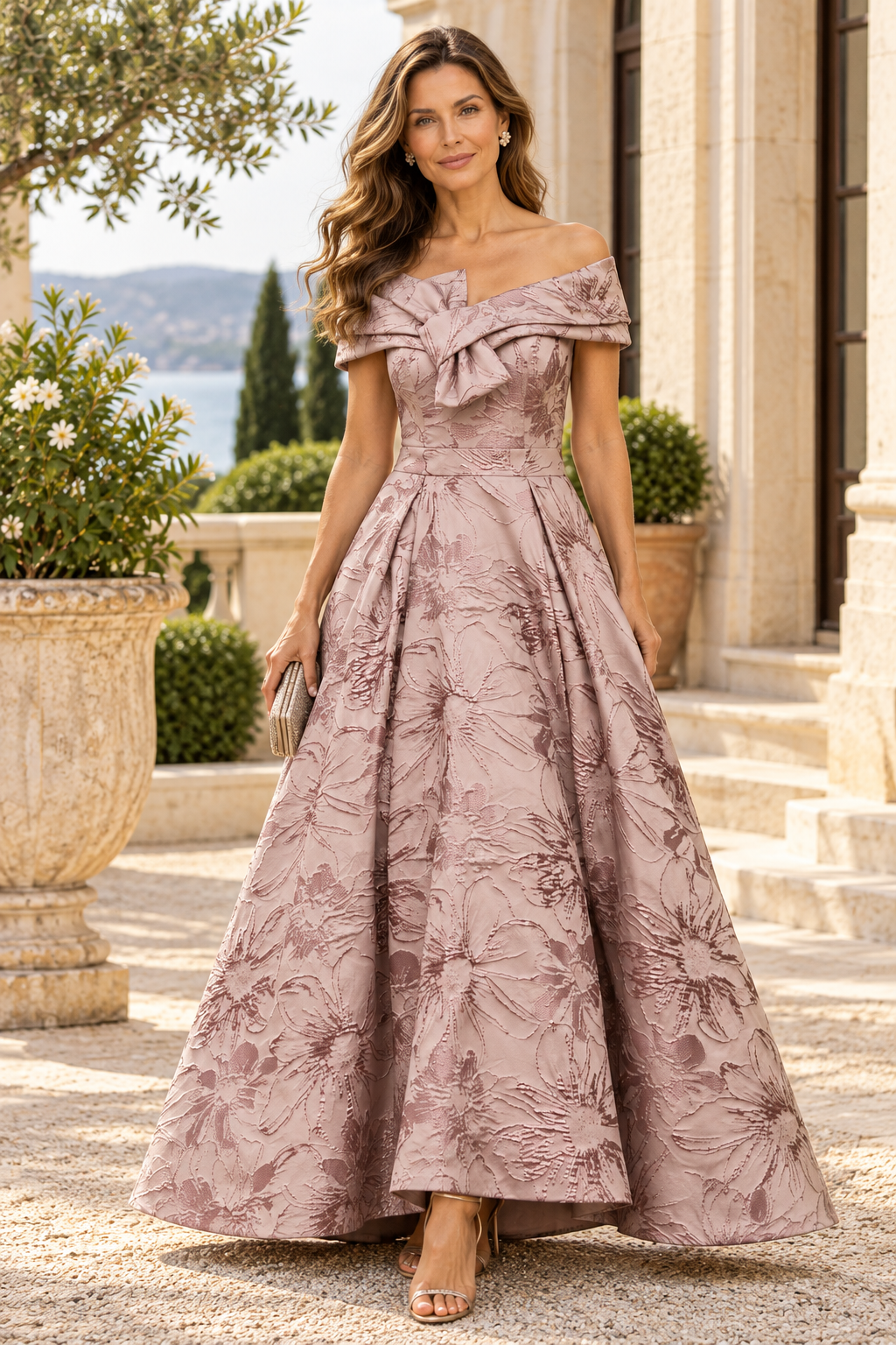 Off-the-Shoulder Jacquard Ball Gown with Bow