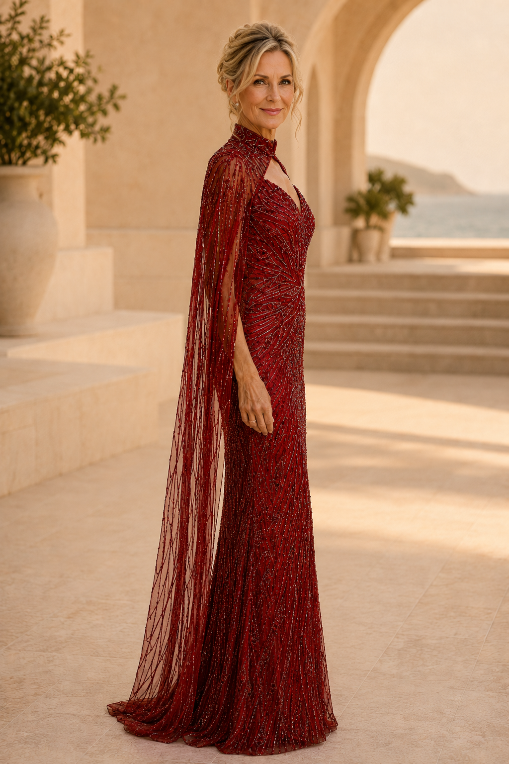 Vestido largo con cuello alto con pedrería y mangas de capa