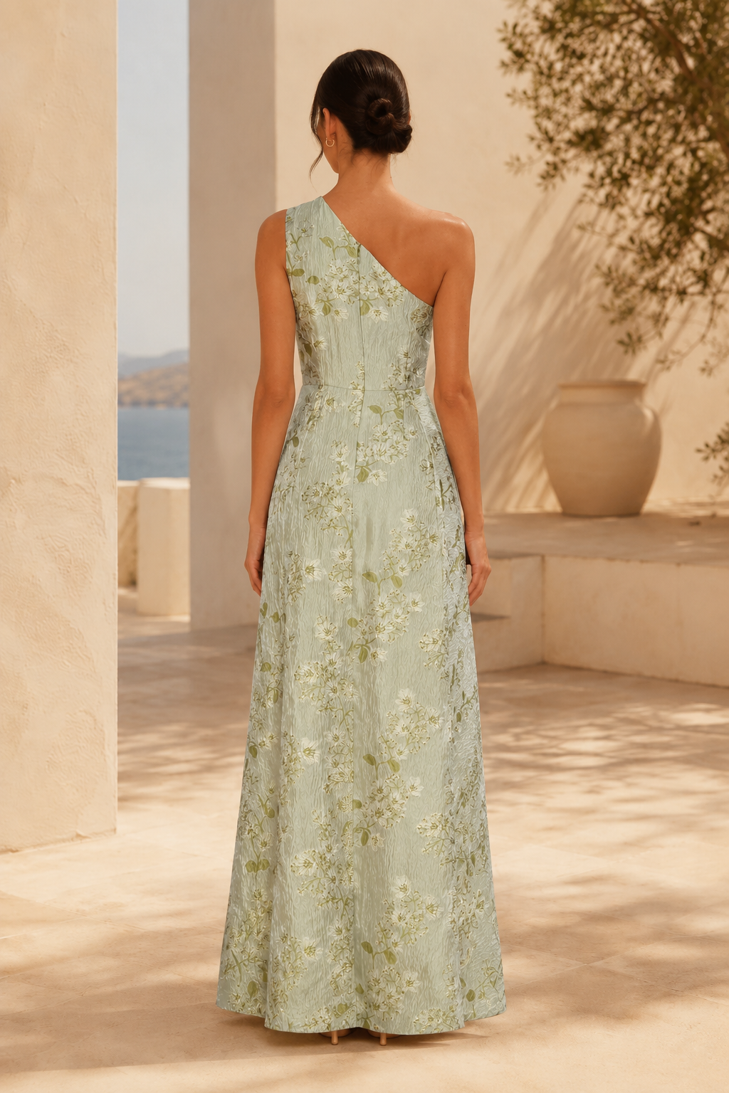 Vestido de noche acampanado de jacquard floral con un solo hombro