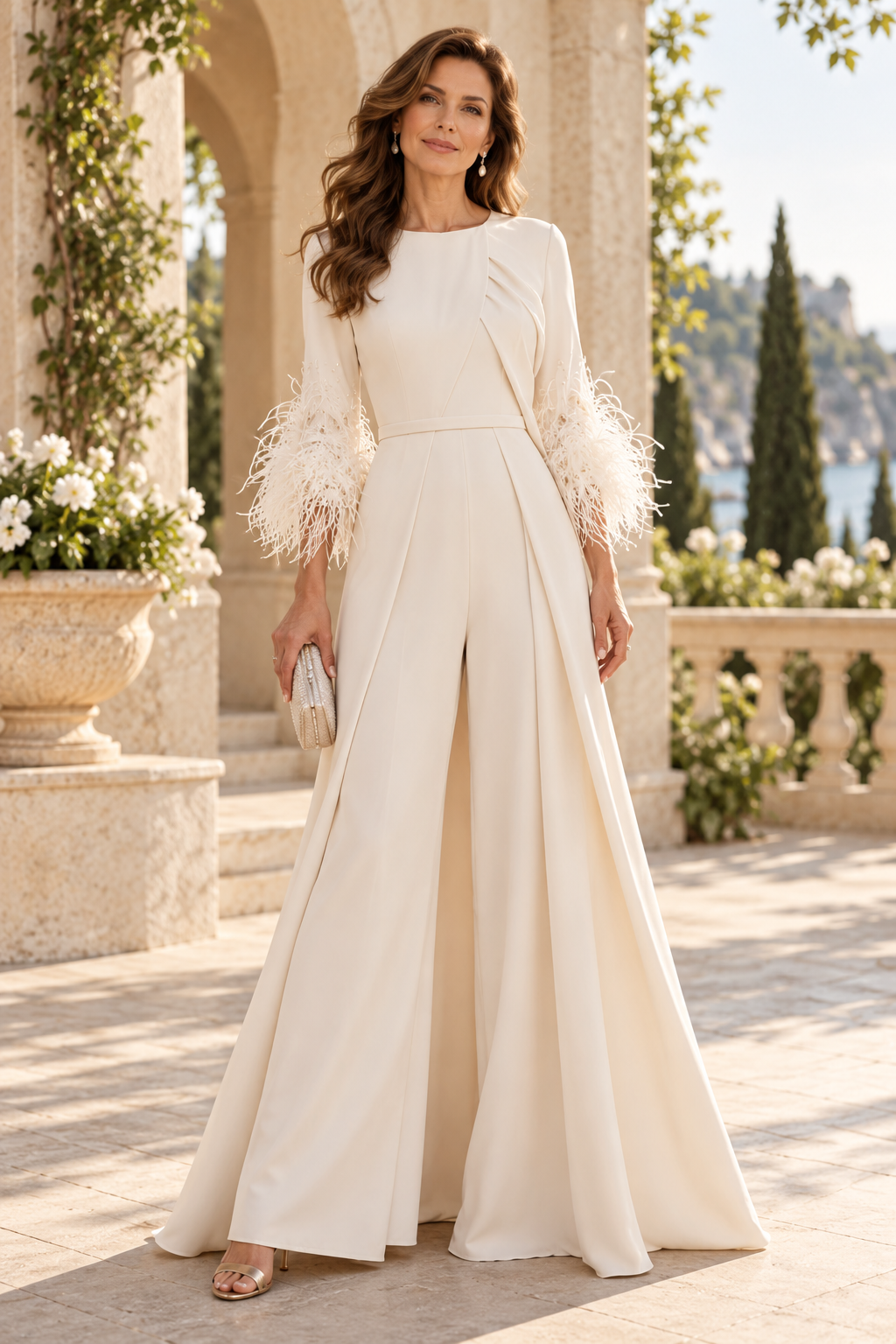 Wide-Leg Formal Jumpsuit with Feather Cuffs
