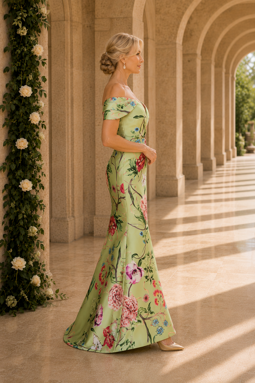 Vestido de noche estilo trompeta de satén floral con hombros descubiertos