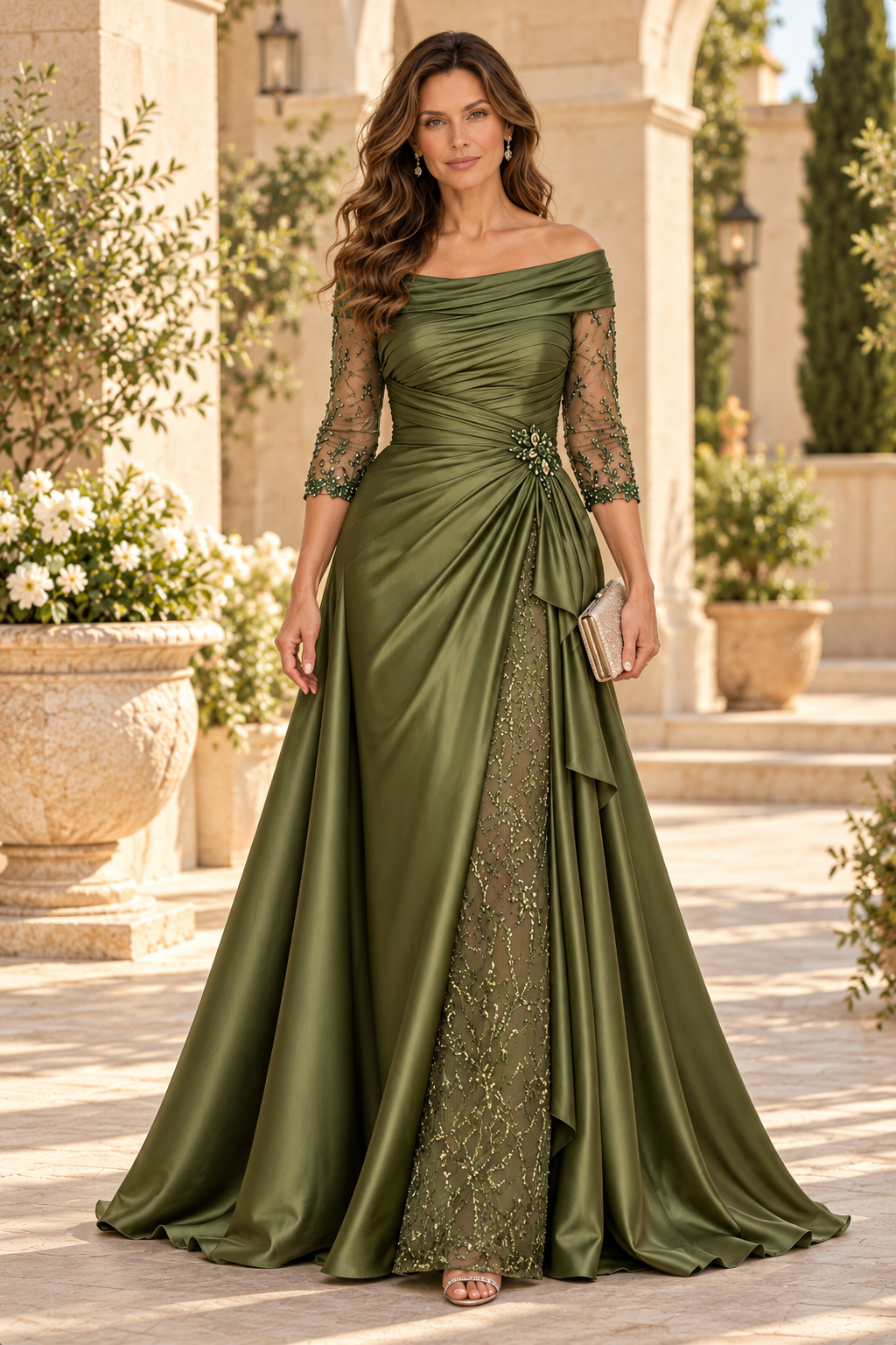 Off-the-Shoulder Ruched Gown with Embellished Slit