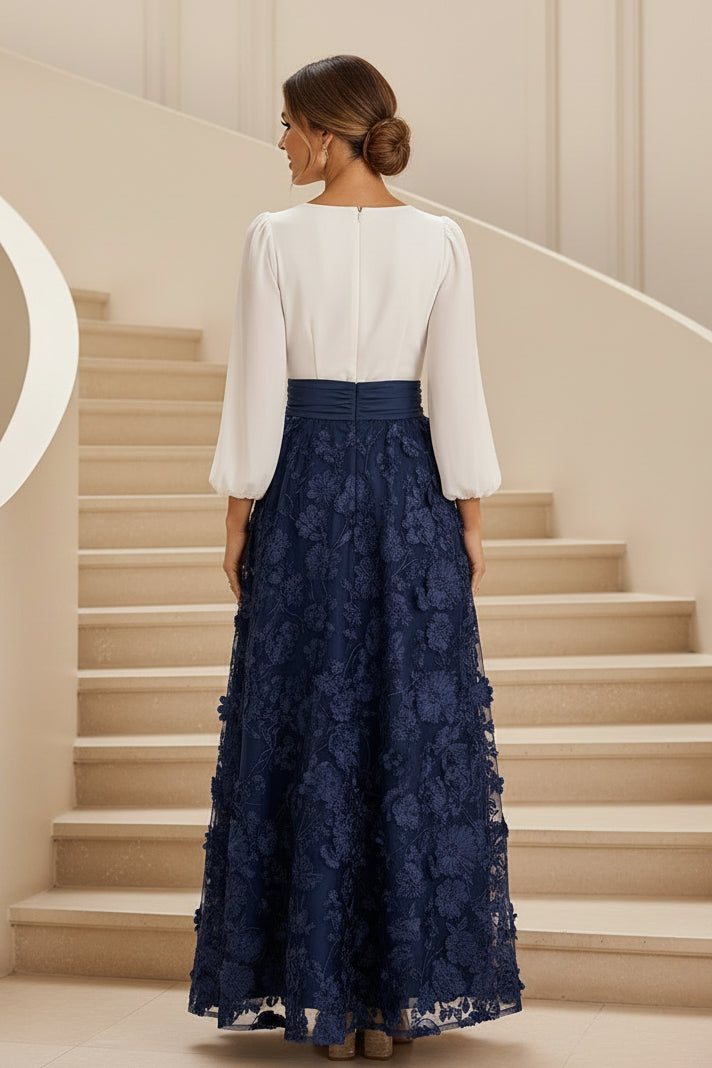 Vestido de noche maxi floral 3D con cuello en V y manga larga