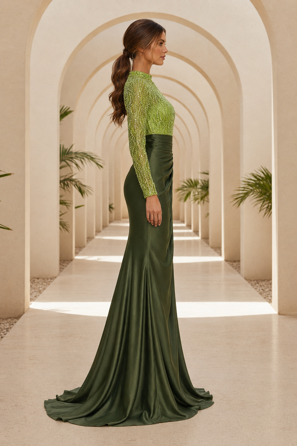 Vestido de Noche Sirena con Ilusión y Cuello Alto Adornado con Cuentas