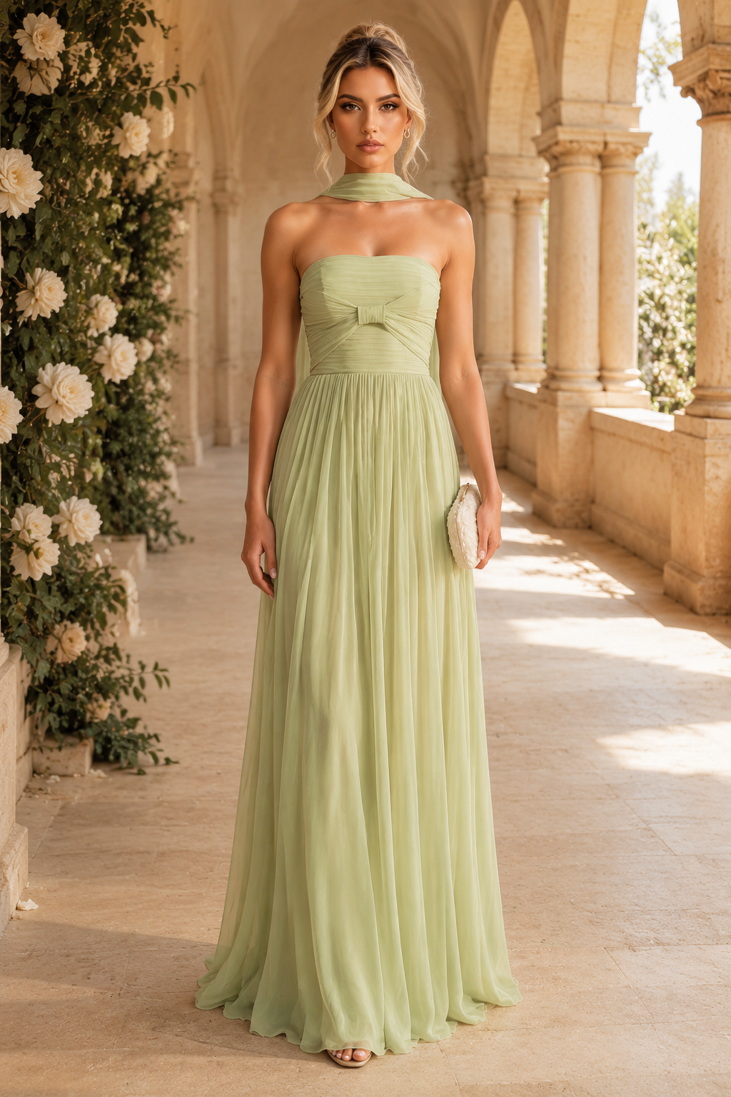 Vestido largo sin tirantes fruncido con escote tipo bufanda