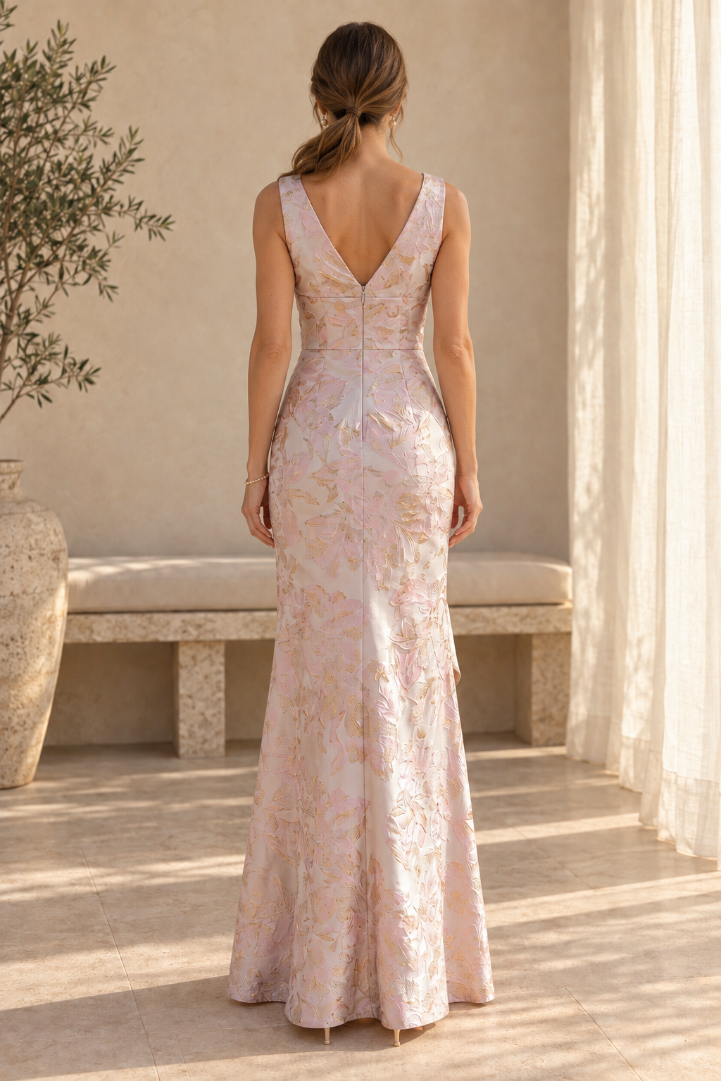 Floral Jacquard V-Neck Gown with Cascading Ruffle