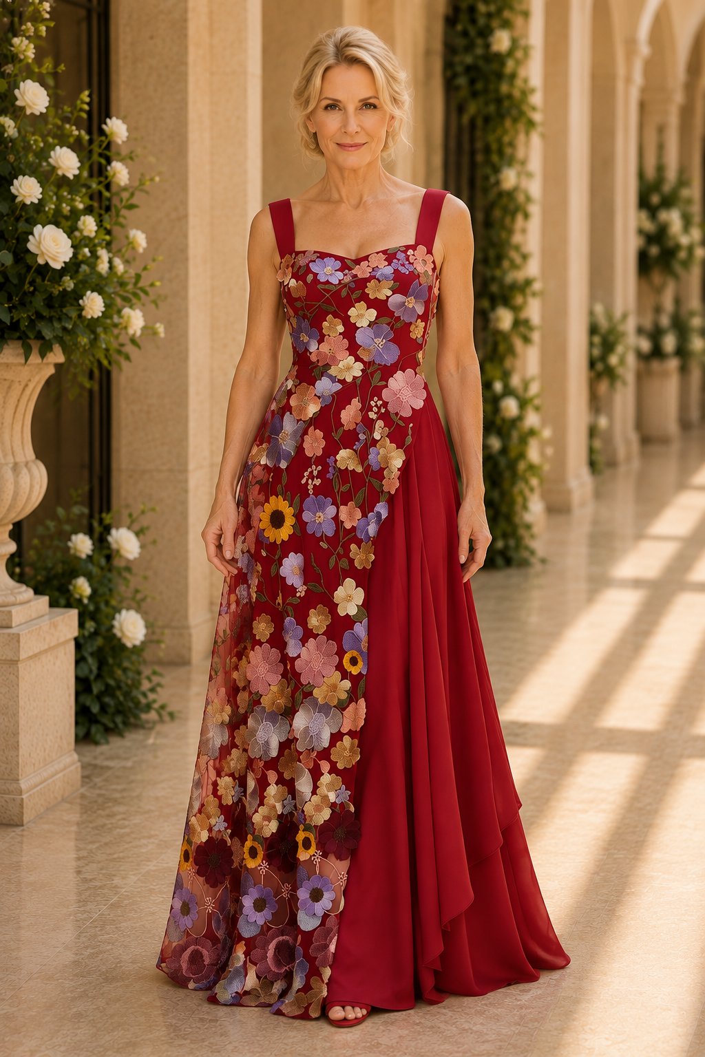 Vestido asimétrico con bordado floral y corte A