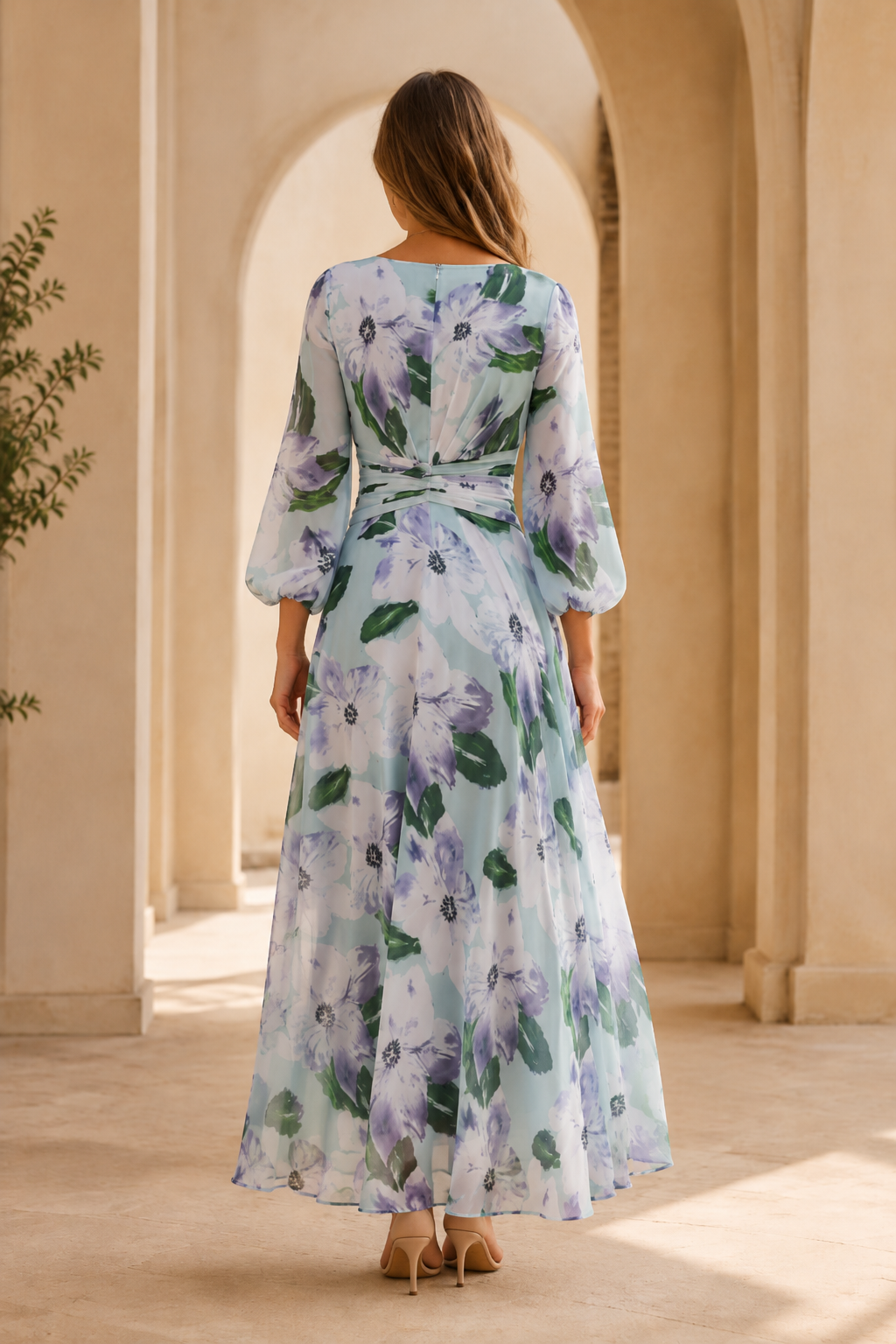 Vestido largo con estampado floral, cuello en V y manga larga