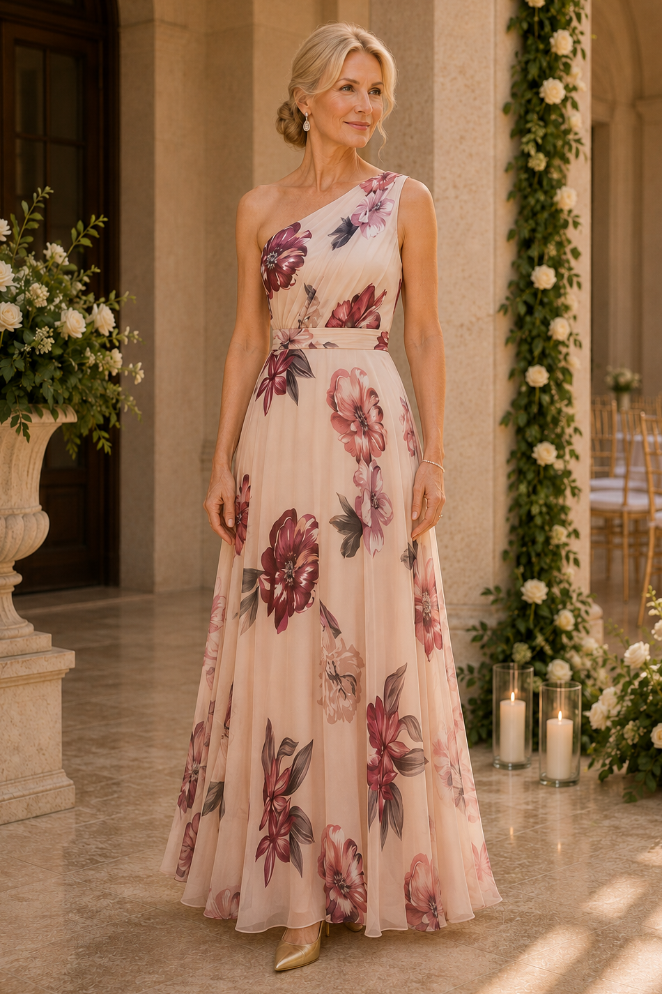 Vestido largo floral de un solo hombro con corte en A