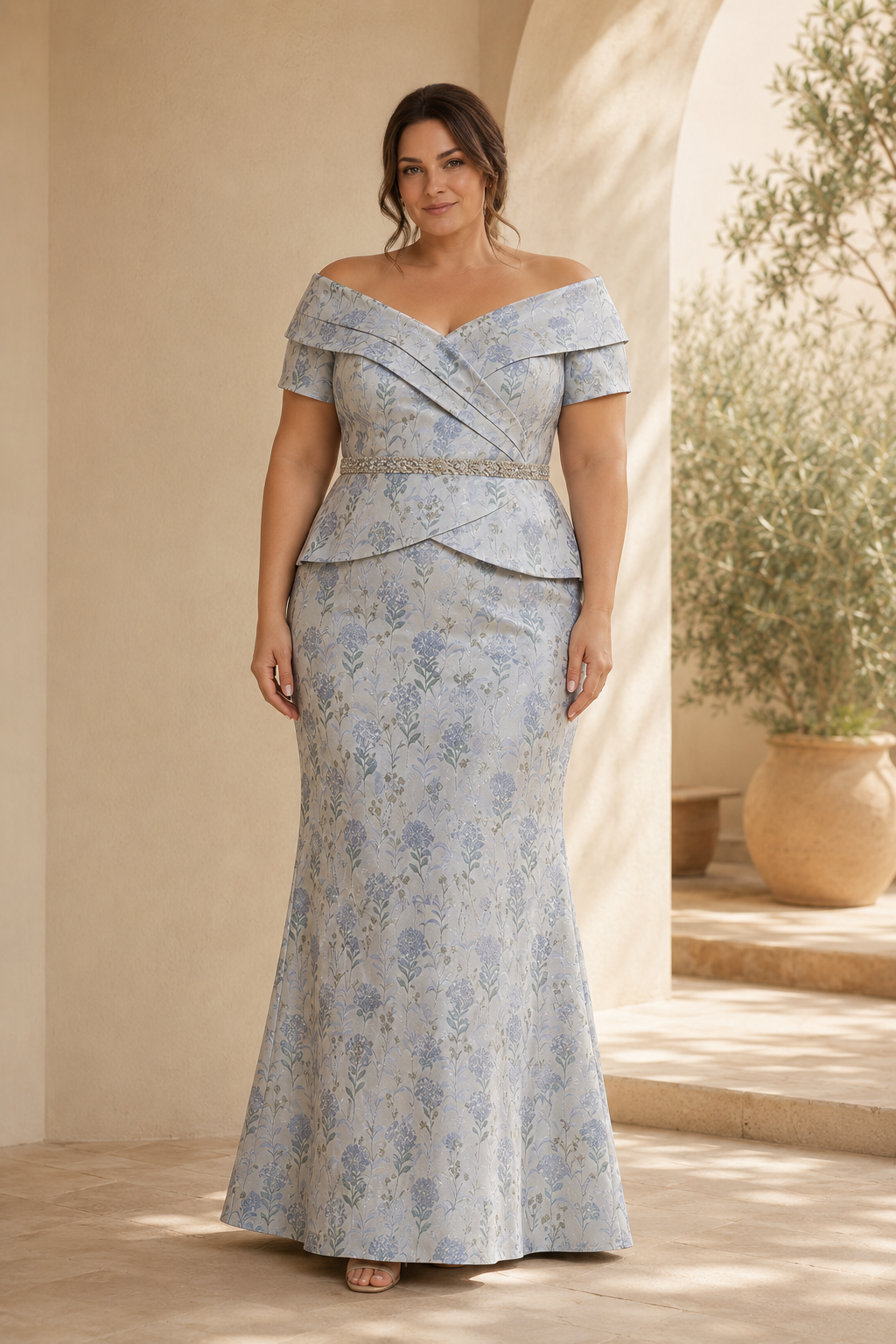 Vestido de noche de sirena con jacquard, péplum y hombros descubiertos