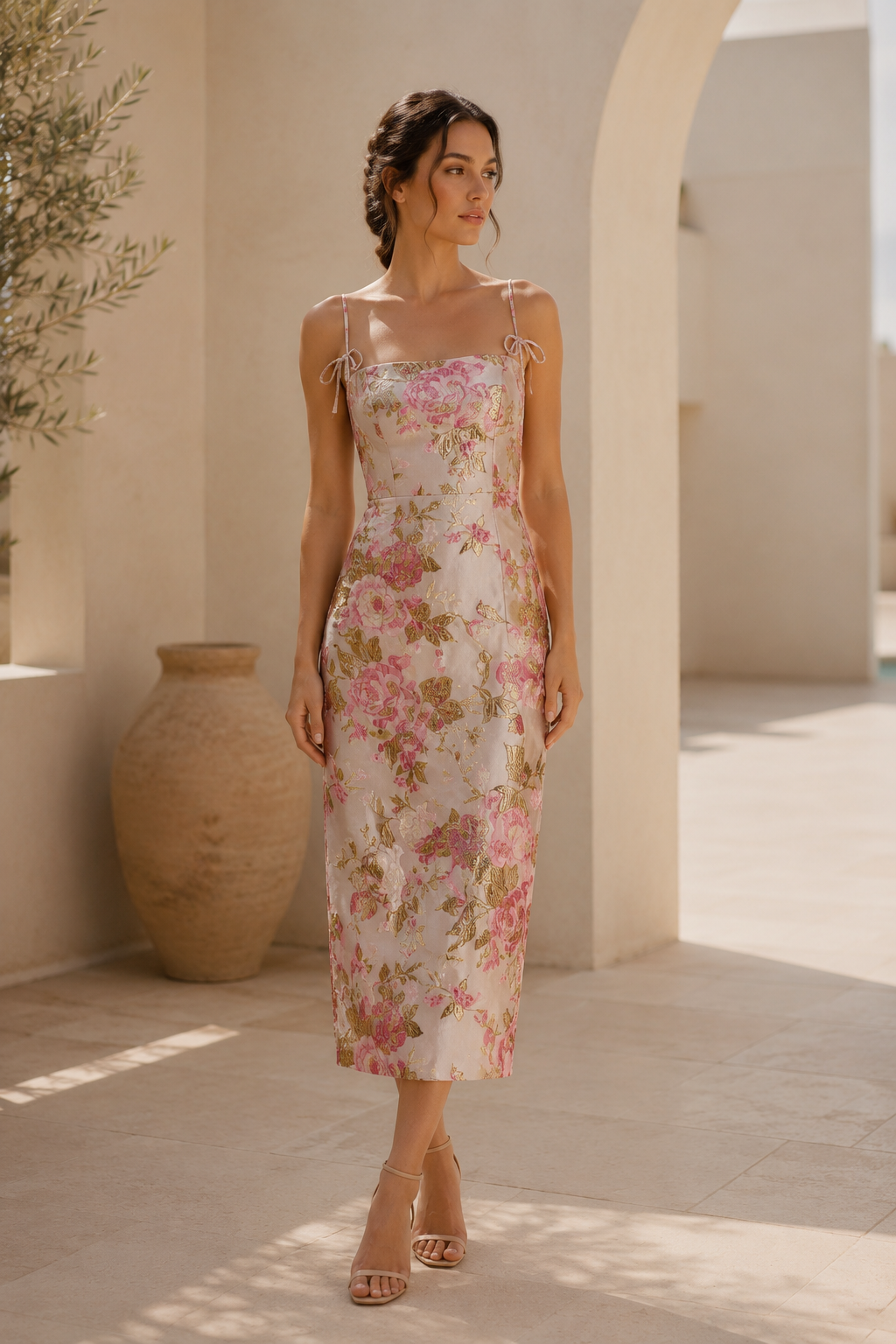 Vestido midi de jacquard floral con tirantes anudables