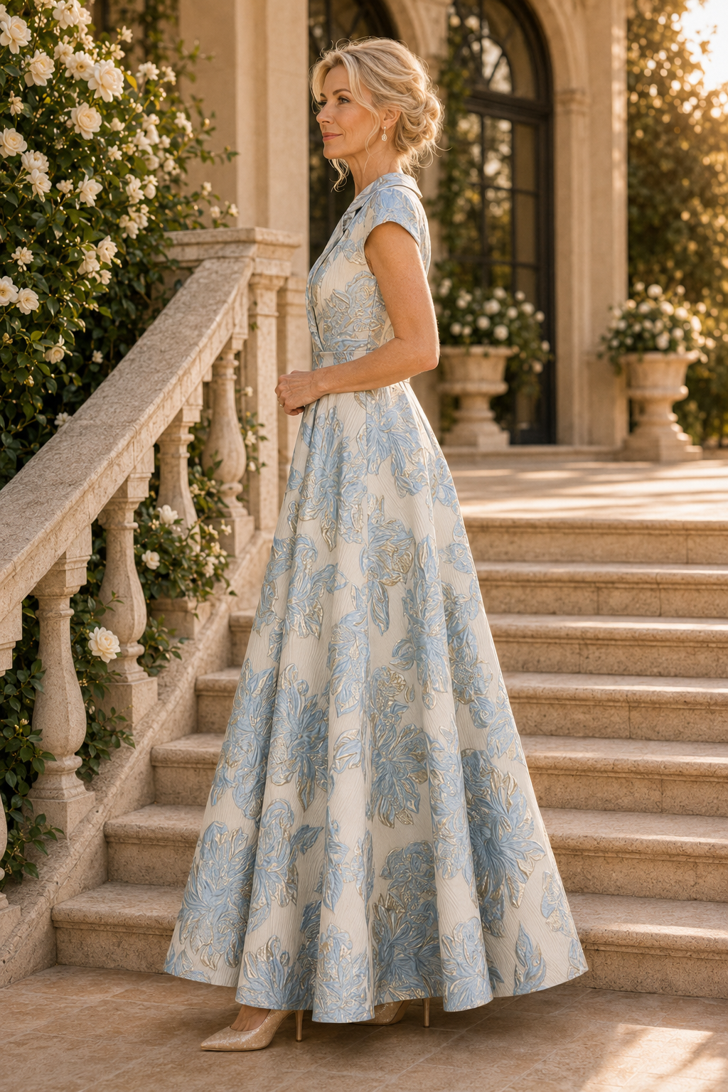 Vestido con vuelo de jacquard floral y manga casquillo
