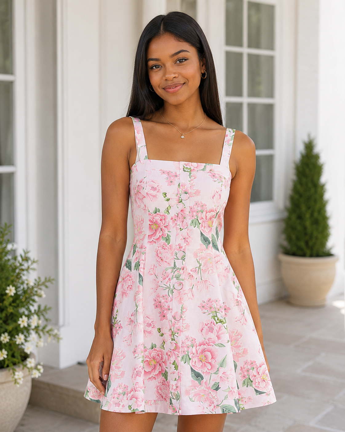 Minivestido Acampanado con Cuello Cuadrado y Estampado Floral