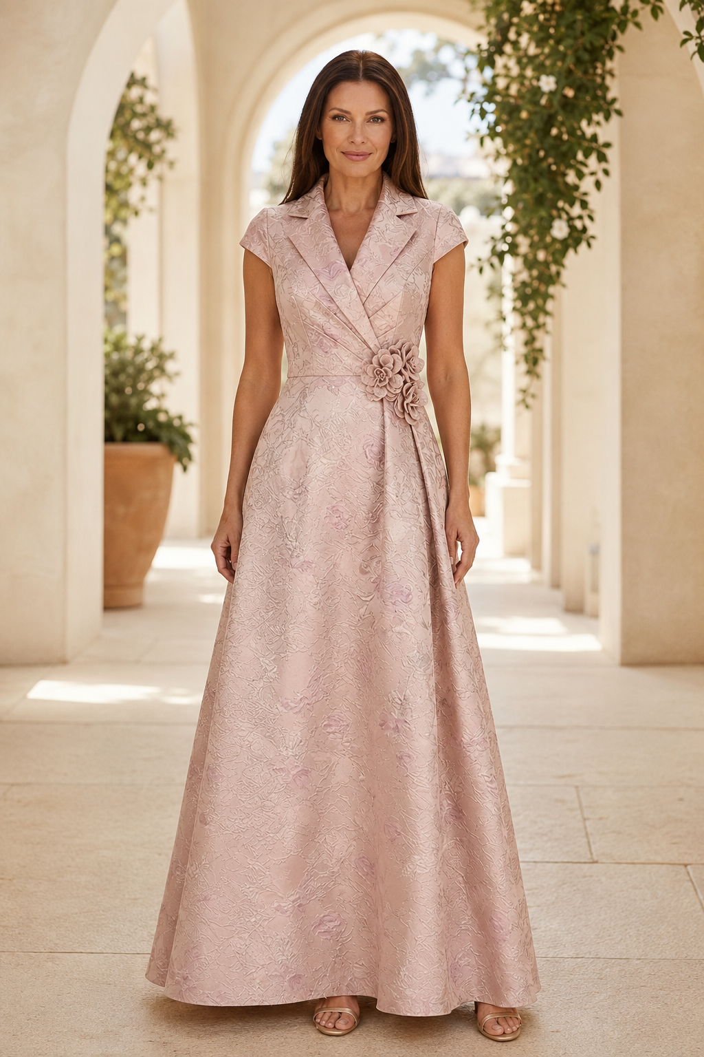 Vestido de noche de jacquard con cuello con muescas y mangas casquillo
