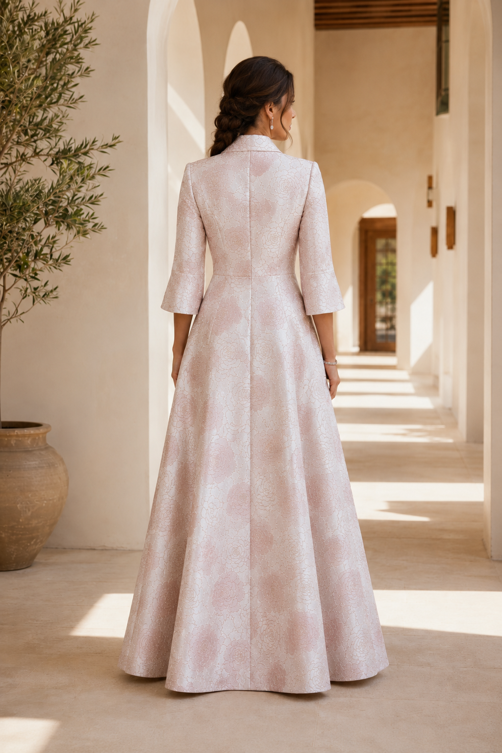 Vestido jacquard floral corte A con mangas campana 3/4