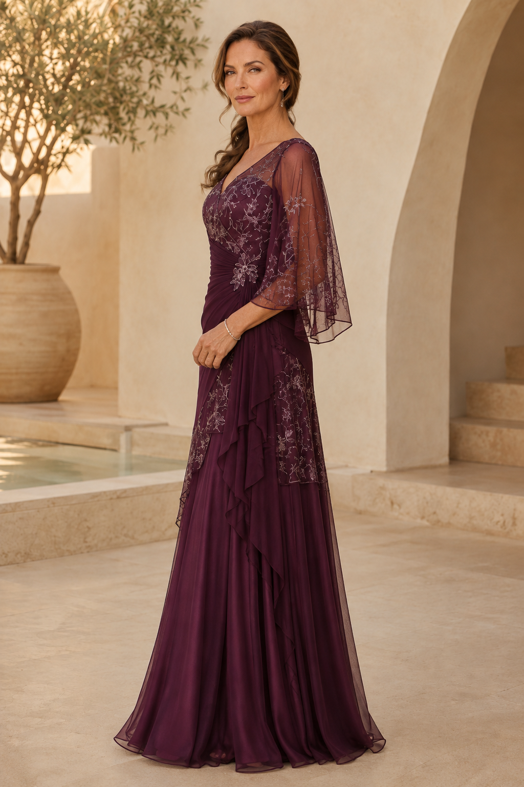 Vestido de gala de línea A bordado con fruncido y mangas acampanadas