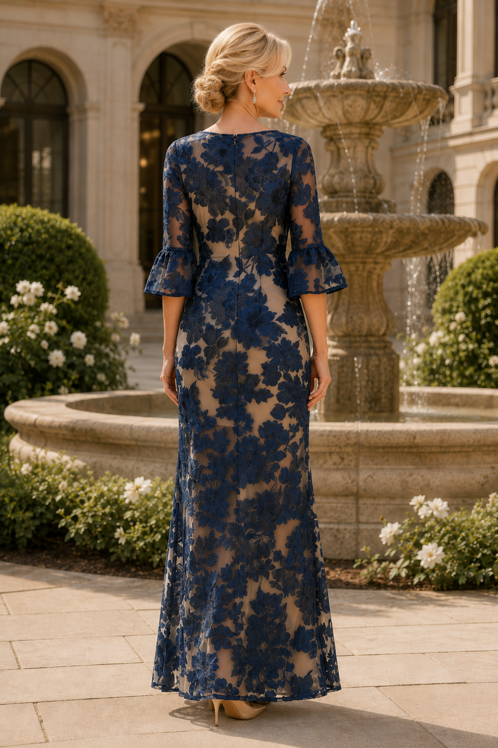 Vestido de noche largo hasta el suelo de encaje floral con mangas acampanadas