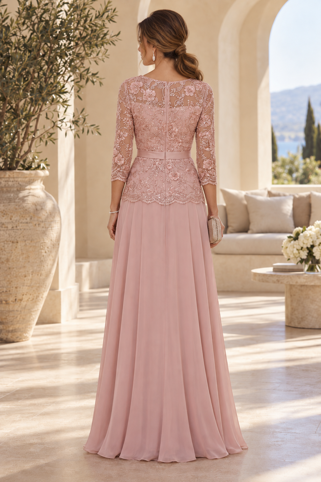 Lace Applique A-Line Gown with 3/4 Sleeves