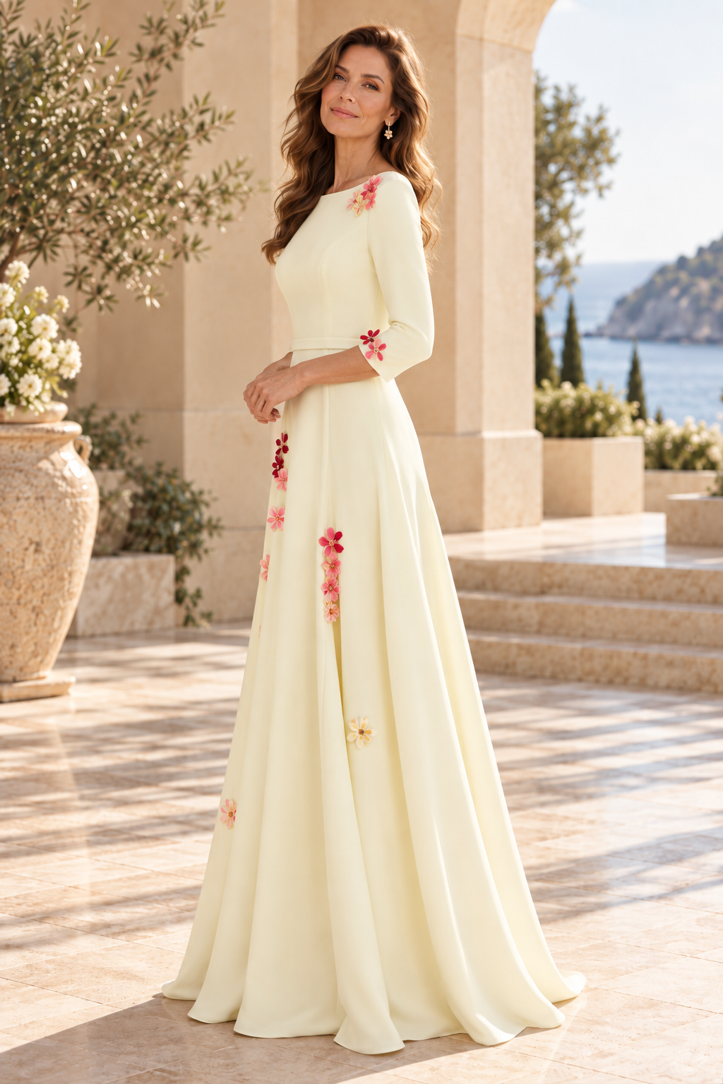 3D Floral Bateau Neck A-Line Gown